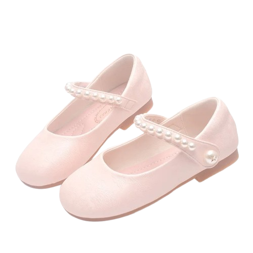 Eleganckie buty komunijne dla dziewczynek w kolorze białym, beżowym i różowym z ozdobnym paskiem wysadzanym perełkami.