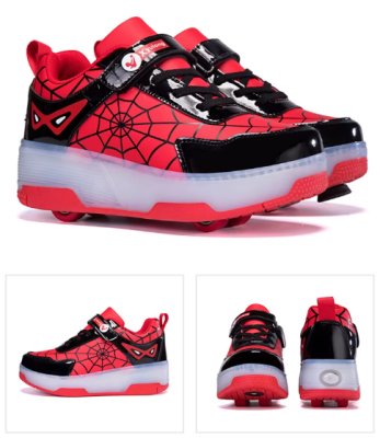 Dziecięce butorolki z kółkami i świecącą podeszwą LED w kolorze czarno-czerwonym, prezentujące mechanizm wysuwania kółek.