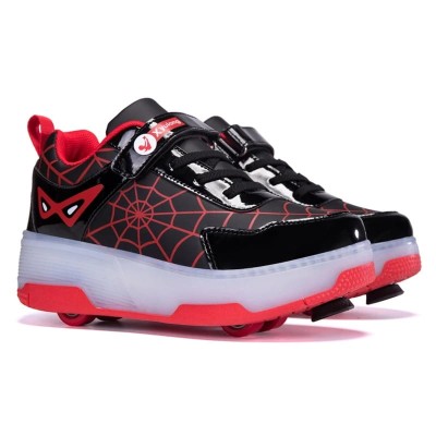 Dziecięce butorolki z kółkami i świecącą podeszwą LED w kolorze czarno-czerwonym, prezentujące mechanizm wysuwania kółek.