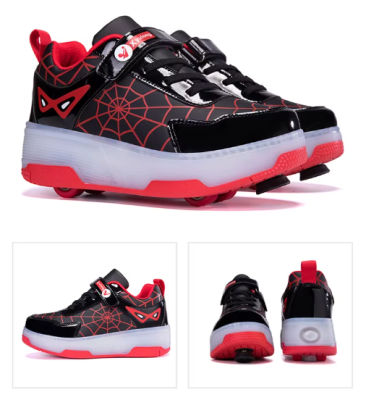 Dziecięce butorolki z kółkami i świecącą podeszwą LED w kolorze czarno-czerwonym, prezentujące mechanizm wysuwania kółek.