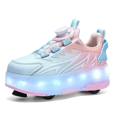 Dziecięce sneakersy z systemem wyciąganych kółek i podświetleniem LED, wyposażone w nowoczesne zapięcie z pokrętłem zamiast sznurowadeł.
