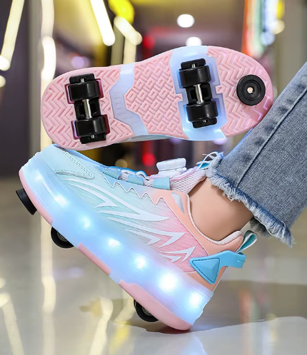 Dziecięce sneakersy z systemem wyciąganych kółek i podświetleniem LED, wyposażone w nowoczesne zapięcie z pokrętłem zamiast sznurowadeł.