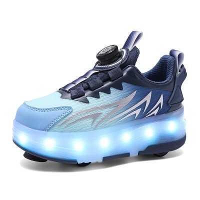 Dziecięce sneakersy z systemem wyciąganych kółek i podświetleniem LED, wyposażone w nowoczesne zapięcie z pokrętłem zamiast sznurowadeł.