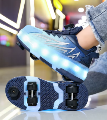 Dziecięce sneakersy z systemem wyciąganych kółek i podświetleniem LED, wyposażone w nowoczesne zapięcie z pokrętłem zamiast sznurowadeł.