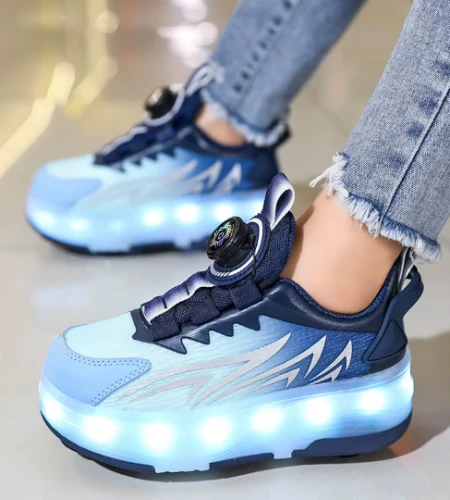 Dziecięce sneakersy z systemem wyciąganych kółek i podświetleniem LED, wyposażone w nowoczesne zapięcie z pokrętłem zamiast sznurowadeł.