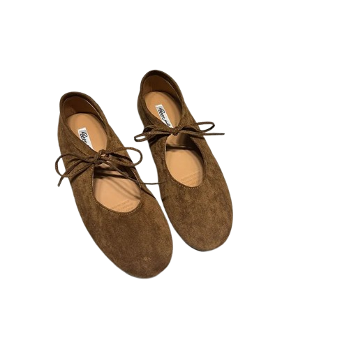 Zamszowe baleriny damskie z wiązaniem na frontowej części.