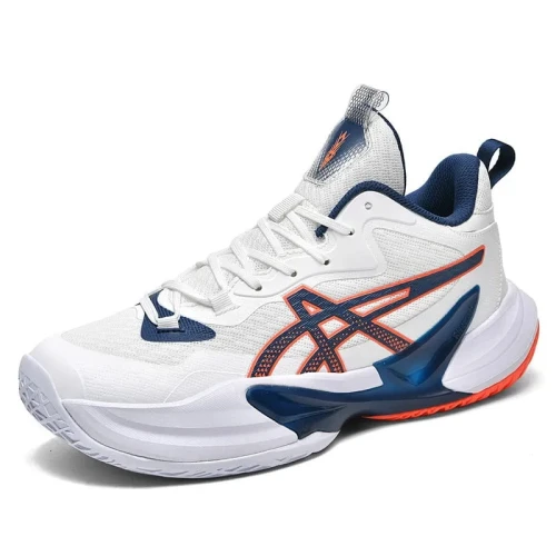 Męskie buty do tenisa i squasha z zaawansowaną amortyzacją i przyczepną podeszwą, dostępne w kolorze białym, czarnym oraz neonowym żółtym.