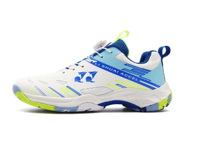 Sportowe buty unisex do tenisa i squasha z nowoczesnym zapięciem na pokrętło i kolorową, przyczepną podeszwą, dostępne w trzech wariantach kolorystycznych.