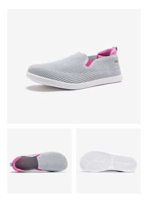 Lekkie, wsuwane buty damskie Barefoot z siateczki z szerokim przodem, dostępne w kolorach: beżowym, czarnym, szarym, błękitnym i brązowym.