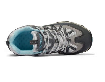 Damskie buty trekkingowe z grubą podeszwą i wzmocnioną cholewką, dostępne w kolorach czarnym z różem, szarym z niebieskim oraz bordowym.