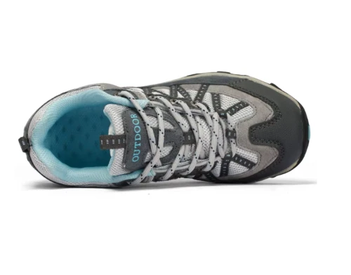 Damskie buty trekkingowe z grubą podeszwą i wzmocnioną cholewką, dostępne w kolorach czarnym z różem, szarym z niebieskim oraz bordowym.