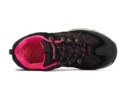 Damskie buty trekkingowe z grubą podeszwą i wzmocnioną cholewką, dostępne w kolorach czarnym z różem, szarym z niebieskim oraz bordowym.