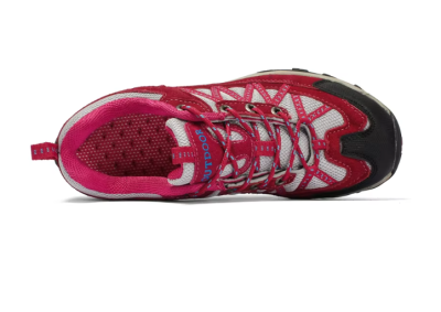 Damskie buty trekkingowe z grubą podeszwą i wzmocnioną cholewką, dostępne w kolorach czarnym z różem, szarym z niebieskim oraz bordowym.