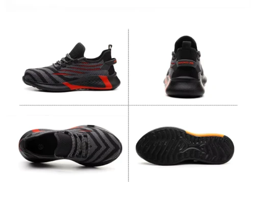 Męskie buty robocze o fasonie sneakersów z podnoskiem ochronnym i antypoślizgową podeszwą, dostępne w kolorze czarnym z kolorowymi akcentami.