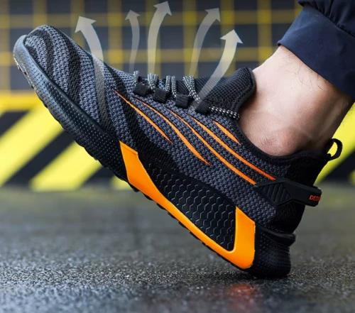 Męskie buty robocze o fasonie sneakersów z podnoskiem ochronnym i antypoślizgową podeszwą, dostępne w kolorze czarnym z kolorowymi akcentami.