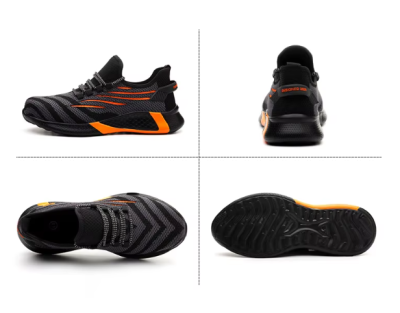 Męskie buty robocze o fasonie sneakersów z podnoskiem ochronnym i antypoślizgową podeszwą, dostępne w kolorze czarnym z kolorowymi akcentami.