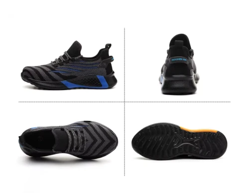 Męskie buty robocze o fasonie sneakersów z podnoskiem ochronnym i antypoślizgową podeszwą, dostępne w kolorze czarnym z kolorowymi akcentami.