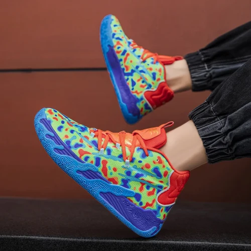 Męskie buty koszykarskie z wysoką cholewką, dostępne w wielu neonowych i pastelowych wariantach kolorystycznych z abstrakcyjnymi wzorami, rozmiary 36-45.